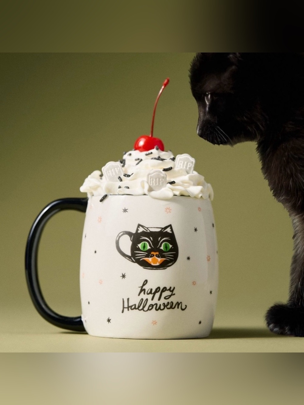 NIB Anthropologie 2025 Halloween Black Cat & Ghost Ceramic Mug